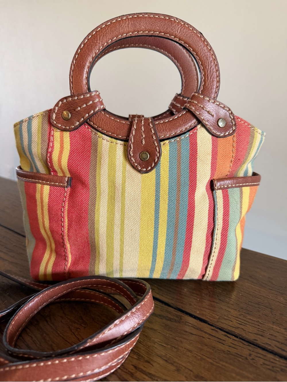 Vintage Fossil Canvas Boho Purse Multicolor Striped Bag Leather Shoulder Bag - Picture 3 of 15